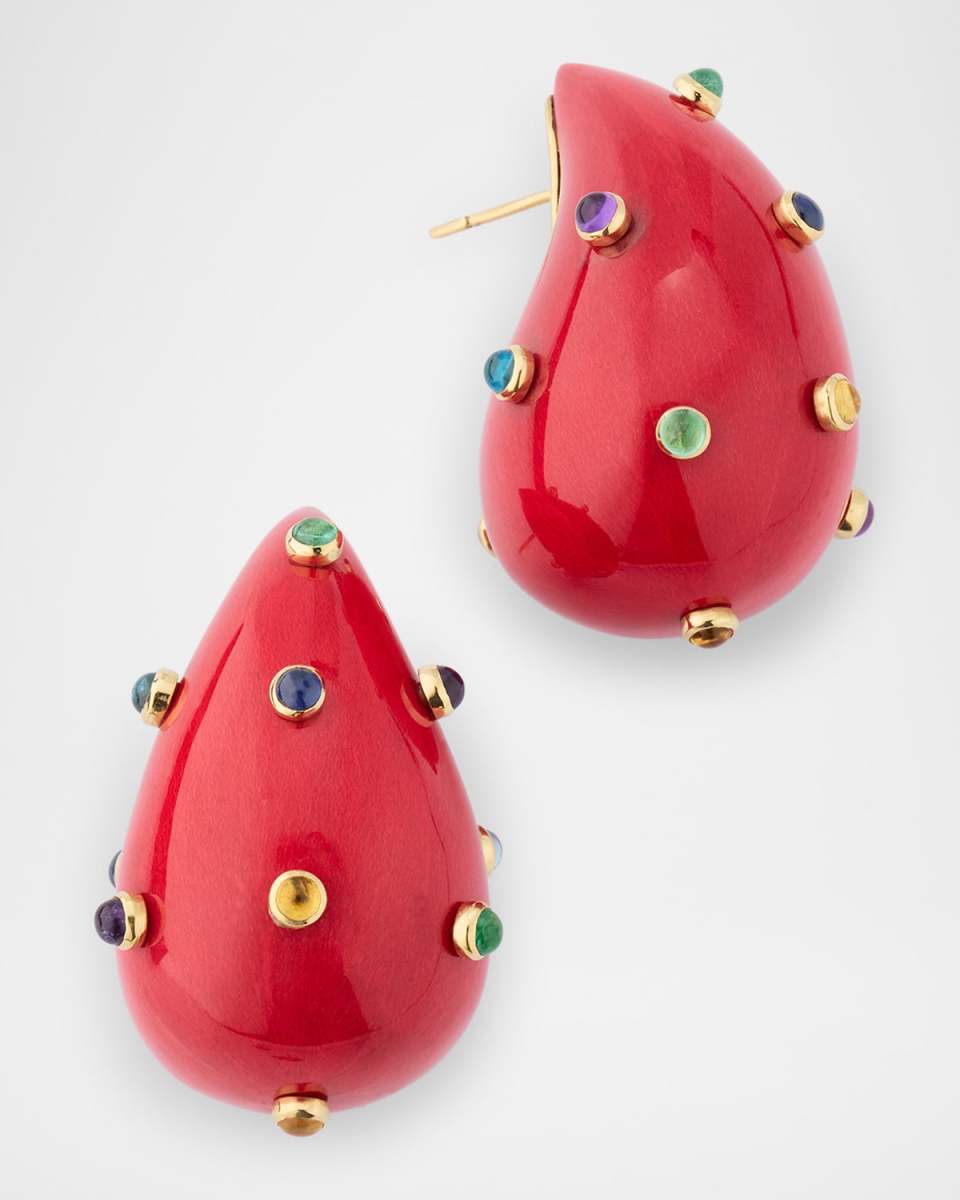 Red Lacquered Irregular Teardrop Marquetry Earrings with Multicolored Gemstones